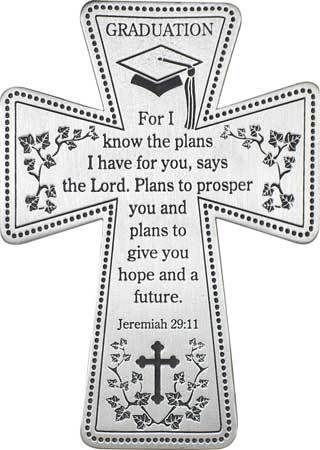 silver cross with grad cap and bible verse